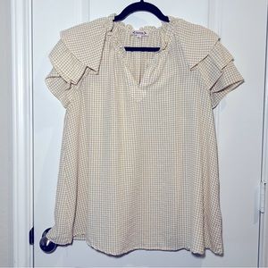 NANETTE LEPORE ruffle, short sleeve, shirt, tan, check pattern XL EUC